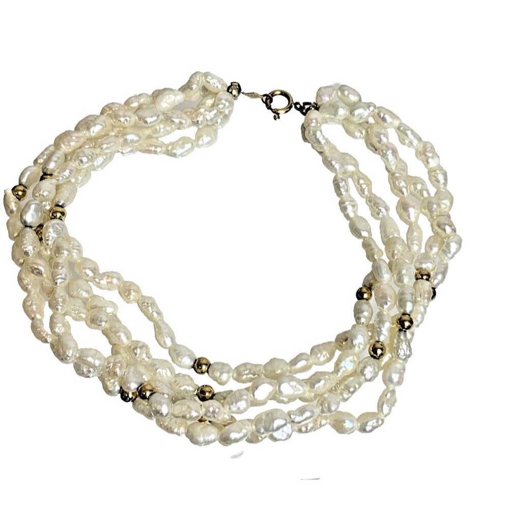 Vintage 14K Gold Clasp Natural Seed Pearl Multi Strand Bracelet 7"